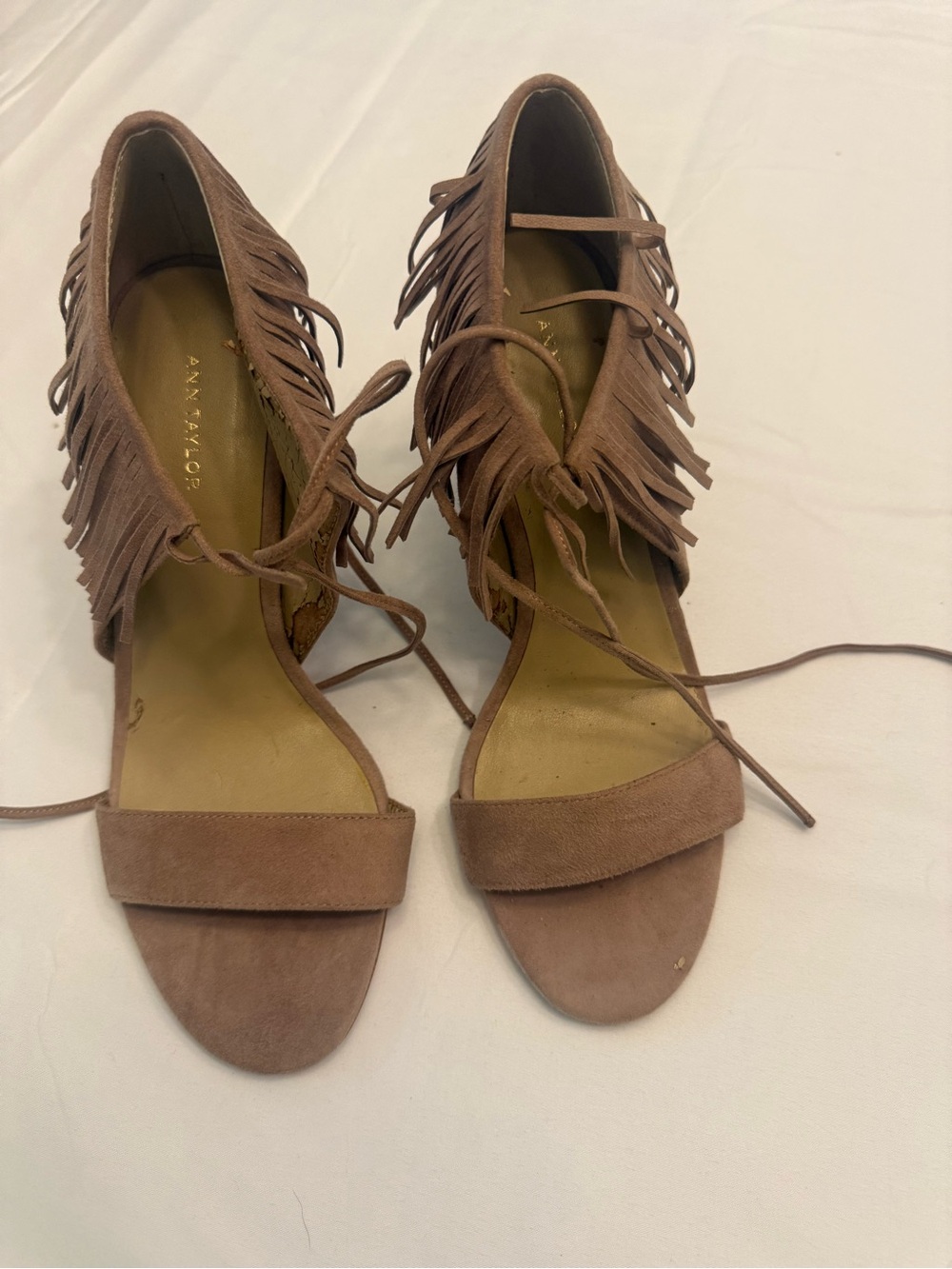 Ann Taylor Taupe Fringe Lace-Up Suede Heels